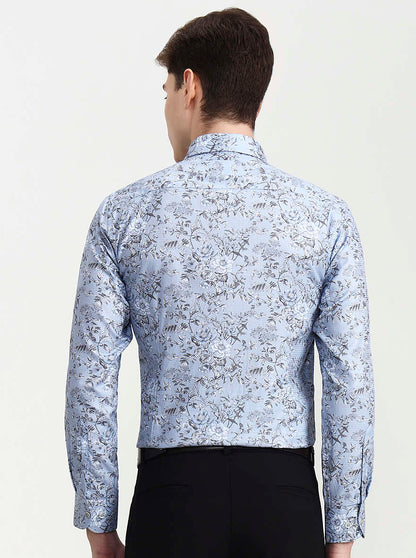 Blue & Grey Printed Slim Fit Party Wear Shirt | Wyre