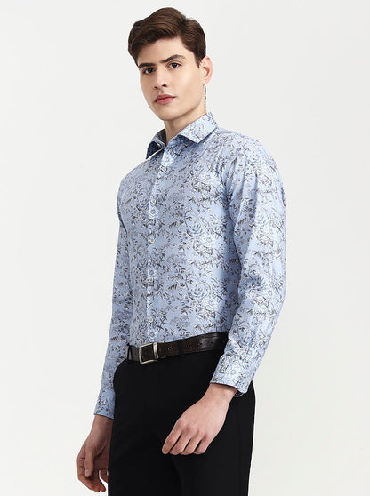 Blue & Grey Printed Slim Fit Party Wear Shirt | Wyre