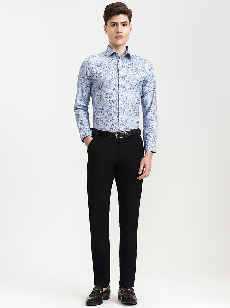 Blue & Grey Printed Slim Fit Party Wear Shirt | Wyre