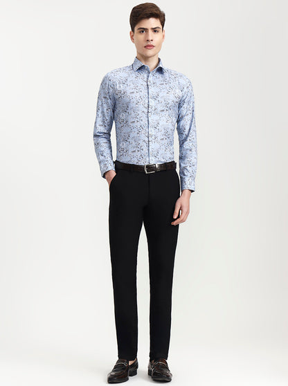 Blue & Grey Printed Slim Fit Party Wear Shirt | Wyre