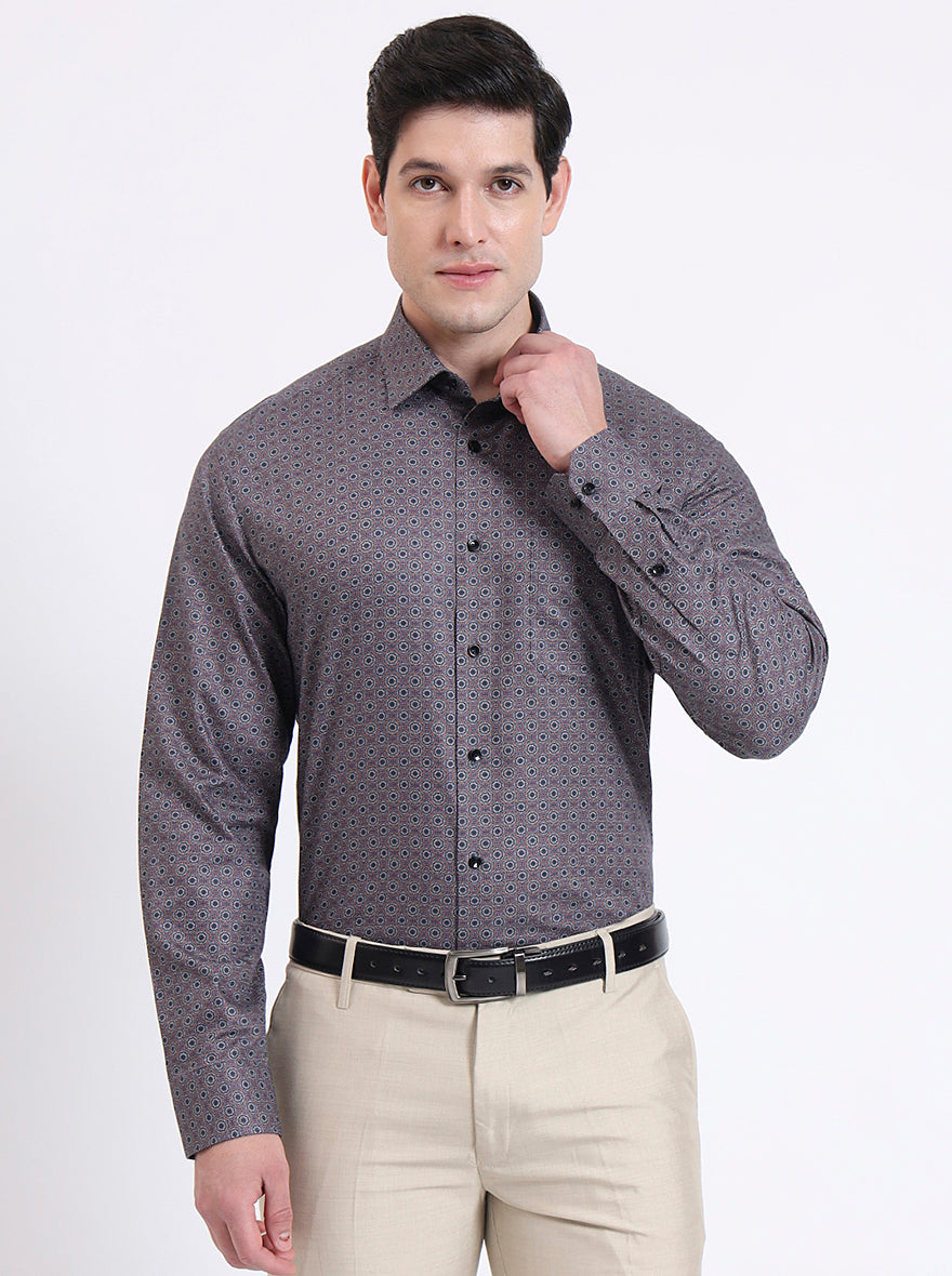 Grey & Orange Printed Regular Fit Formal Shirt | JadeBlue