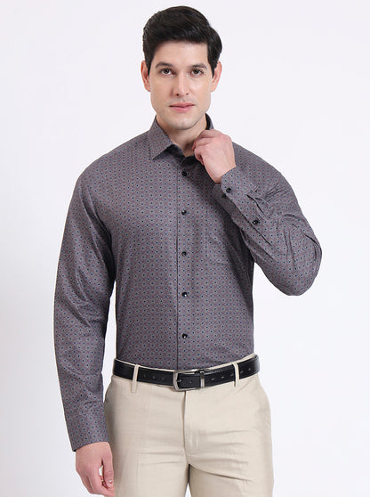 Grey & Orange Printed Regular Fit Formal Shirt | JadeBlue