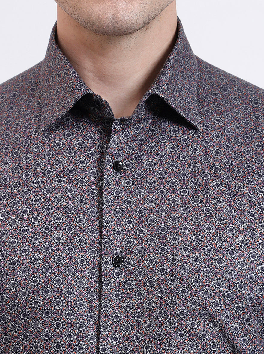 Grey & Orange Printed Regular Fit Formal Shirt | JadeBlue