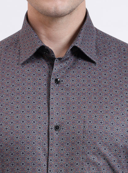 Grey & Orange Printed Regular Fit Formal Shirt | JadeBlue