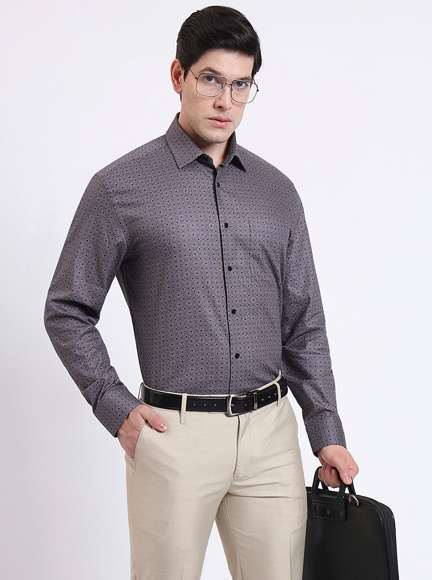Grey & Orange Printed Regular Fit Formal Shirt | JadeBlue