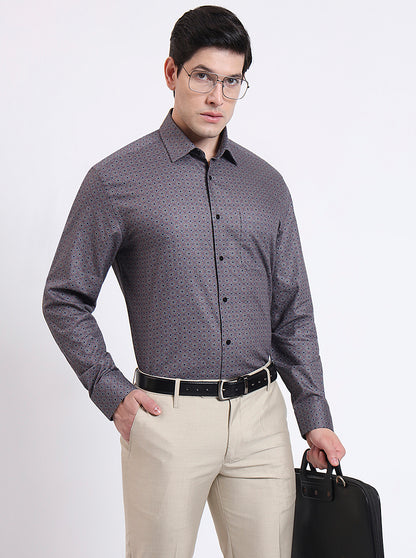 Grey & Orange Printed Regular Fit Formal Shirt | JadeBlue