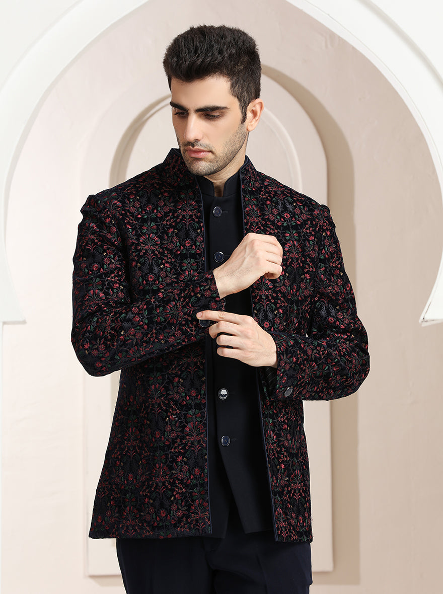 Blue Self Textured Jodhpuri Suit | TULA