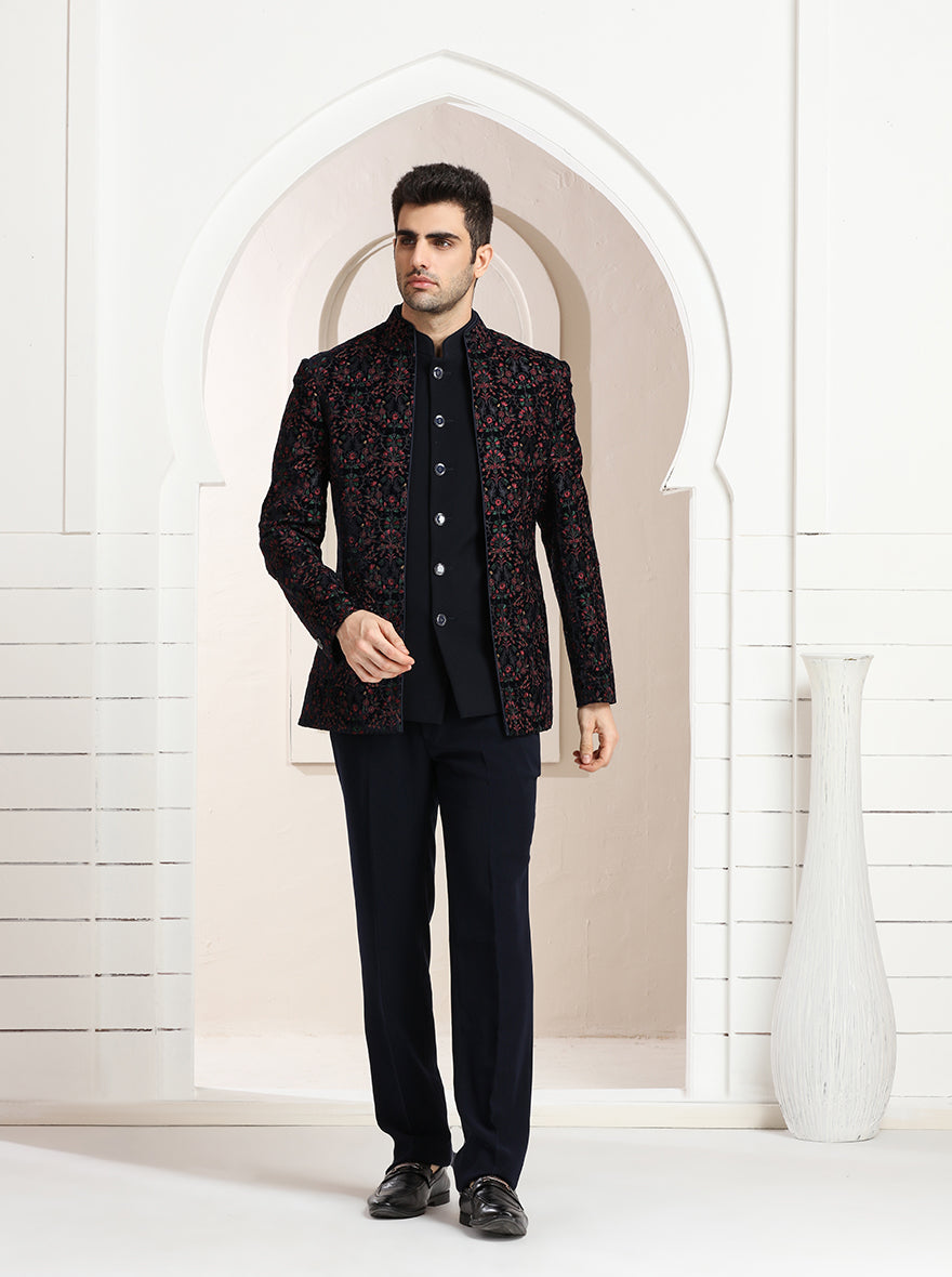 Blue Self Textured Jodhpuri Suit | TULA