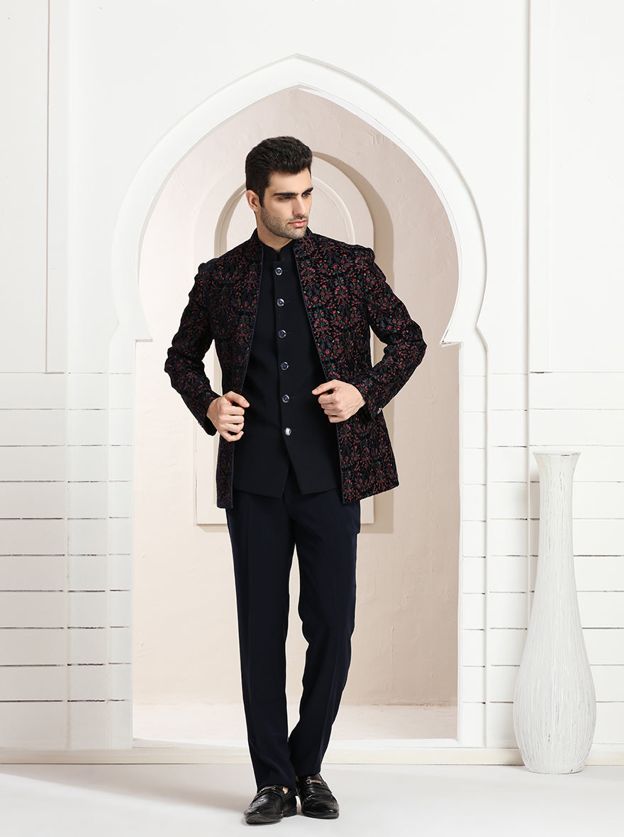 Blue Self Textured Jodhpuri Suit | TULA