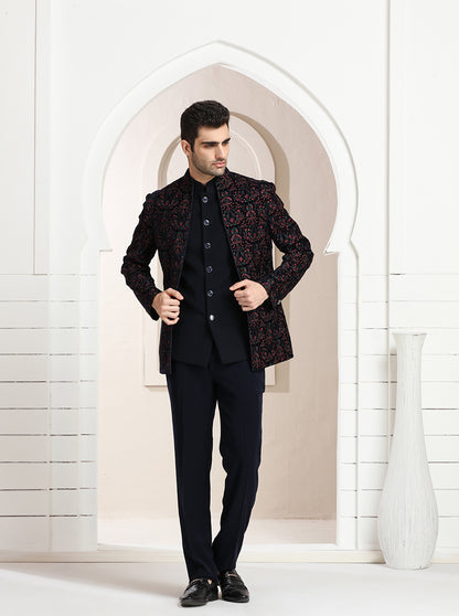 Blue Self Textured Jodhpuri Suit | TULA