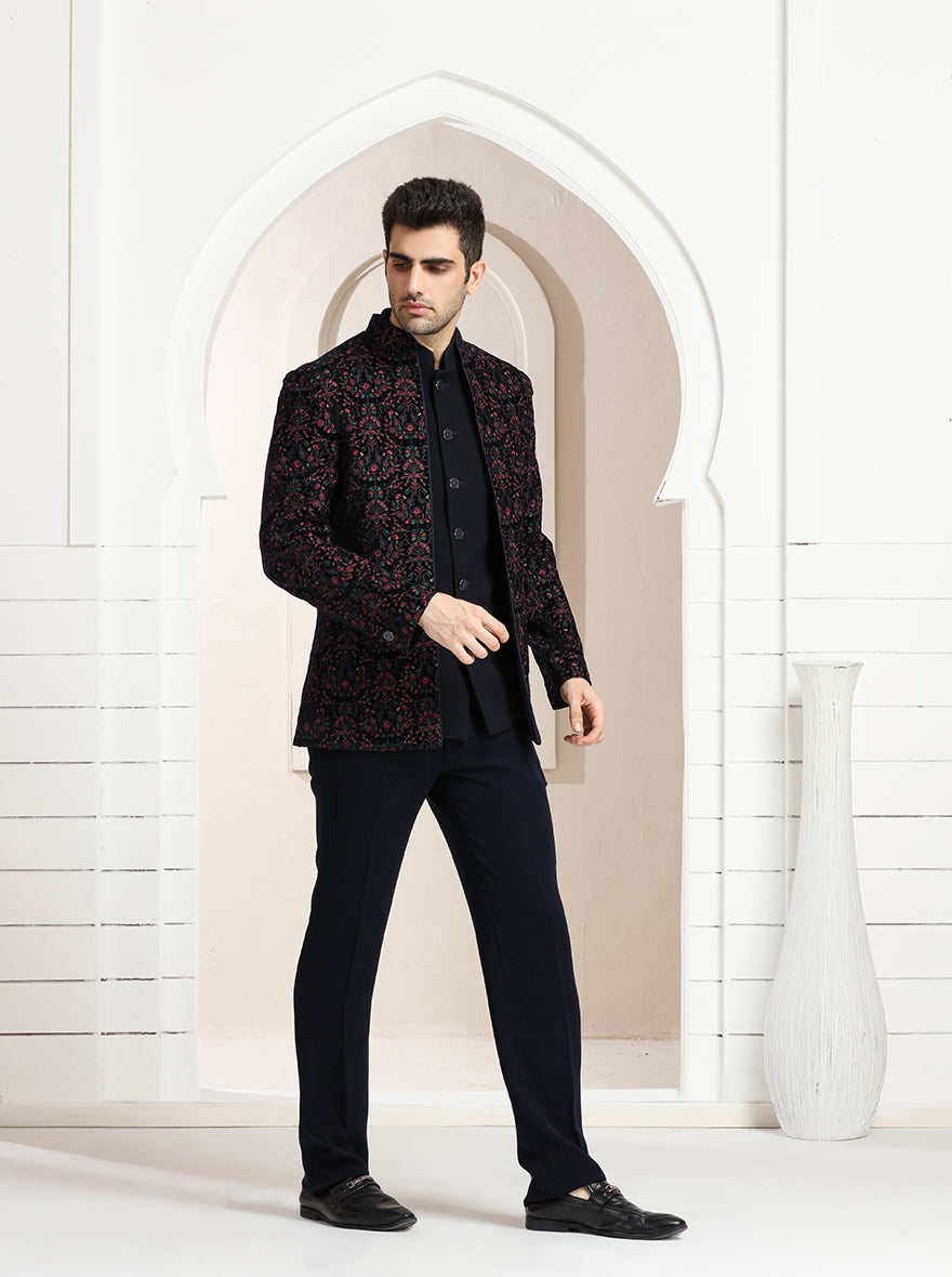Blue Self Textured Jodhpuri Suit | TULA