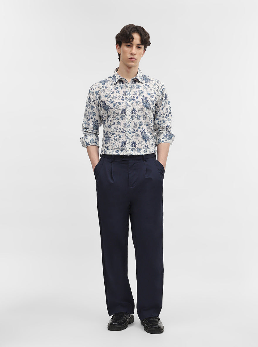 Dark Blue Printed Slim Fit Casual Shirt | JadeBlue