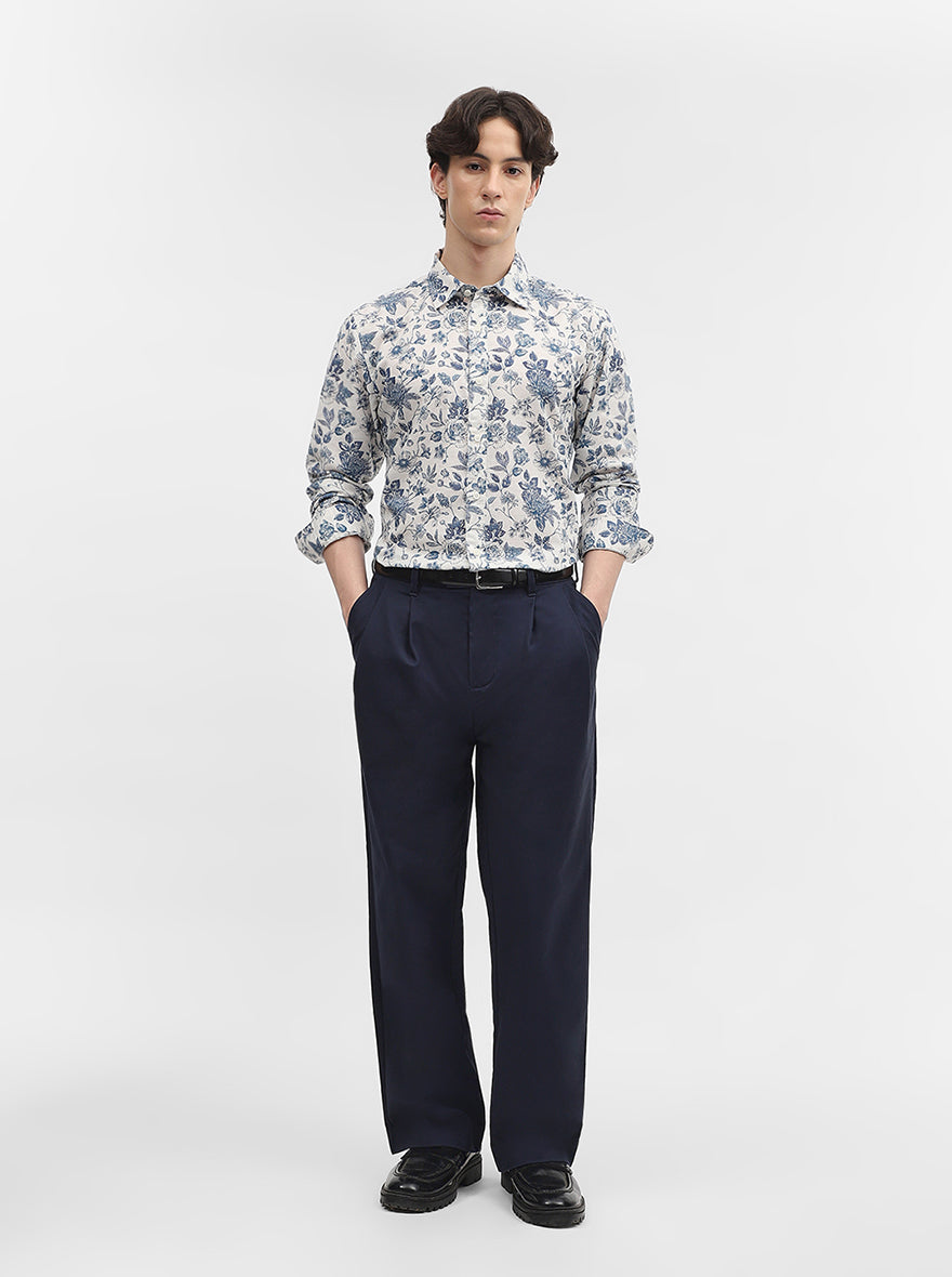 Dark Blue Printed Slim Fit Casual Shirt | JadeBlue