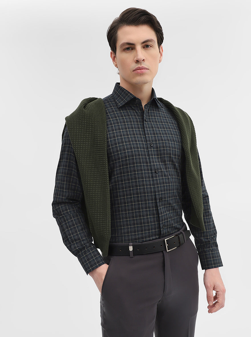Green Checked Slim Fit Formal Shirt | Metal