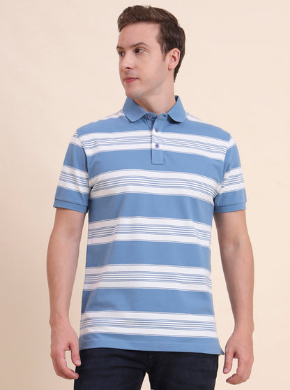 Blue & White Striped Slim Fit Polo T-Shirt | JadeBlue