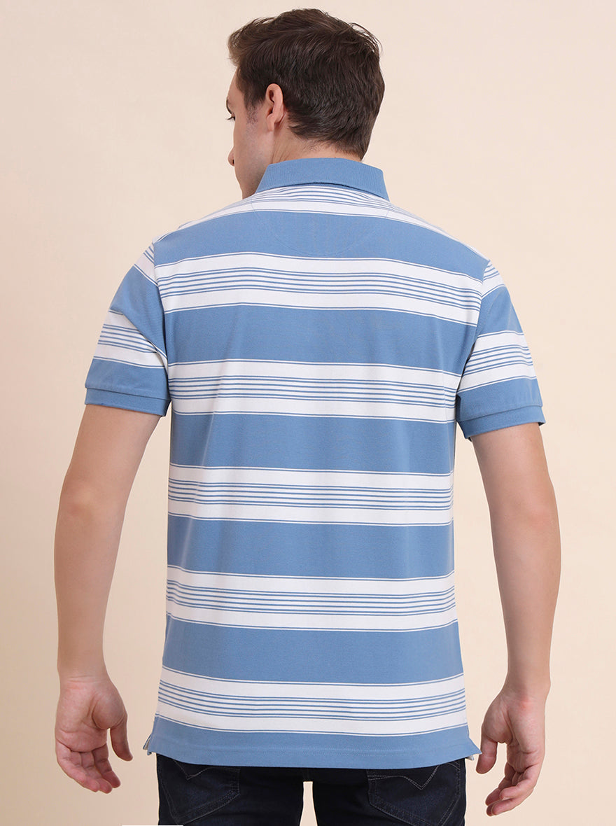 Blue & White Striped Slim Fit Polo T-Shirt | JadeBlue