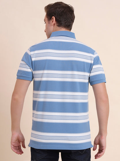 Blue & White Striped Slim Fit Polo T-Shirt | JadeBlue