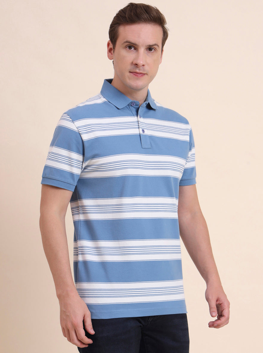 Blue & White Striped Slim Fit Polo T-Shirt | JadeBlue