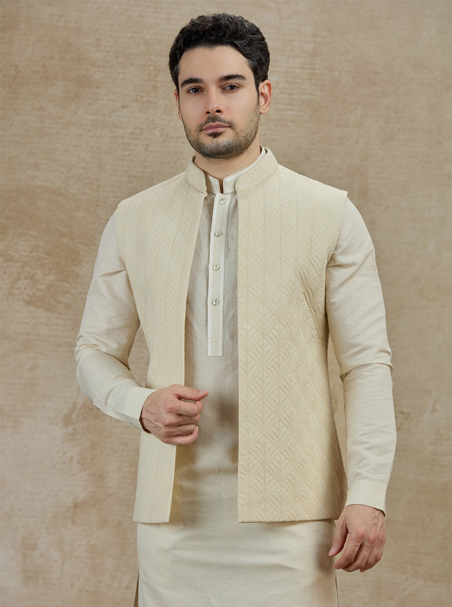 Beige Embroidered Kurta Pajama with Koti | TULA