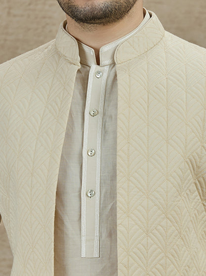 Beige Embroidered Kurta Pajama with Koti | TULA