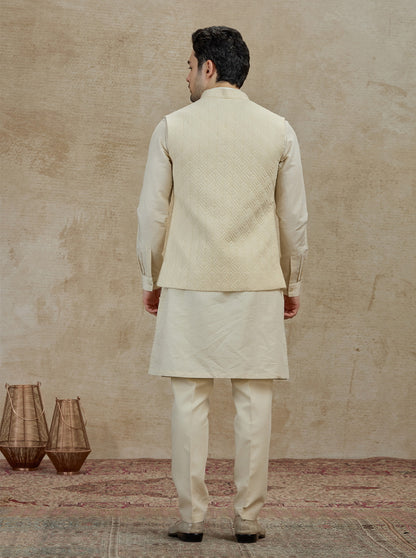 Beige Embroidered Kurta Pajama with Koti | TULA