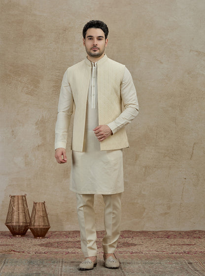 Beige Embroidered Kurta Pajama with Koti | TULA