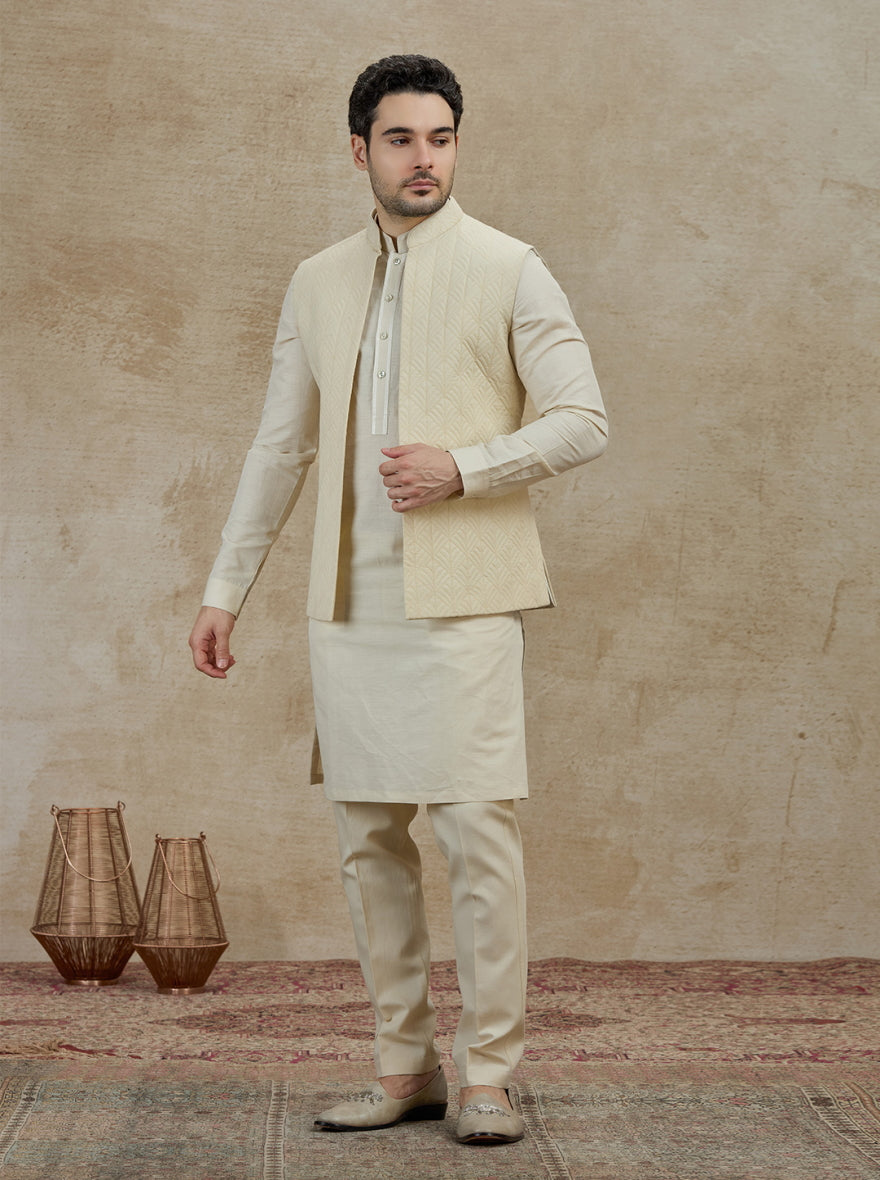 Beige Embroidered Kurta Pajama with Koti | TULA
