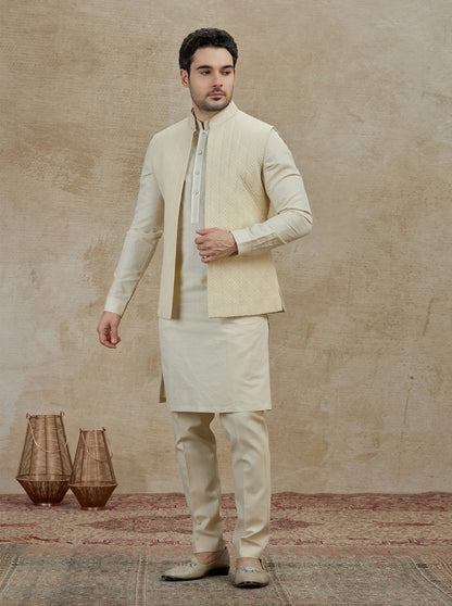 Beige Embroidered Kurta Pajama with Koti | TULA