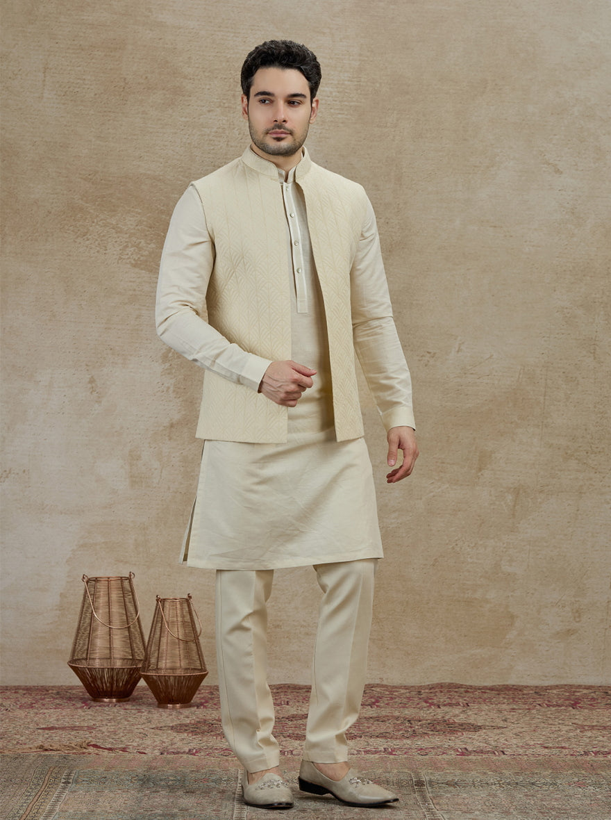 Beige Embroidered Kurta Pajama with Koti | TULA
