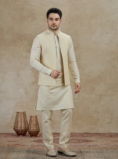 Beige Embroidered Kurta Pajama with Koti | TULA