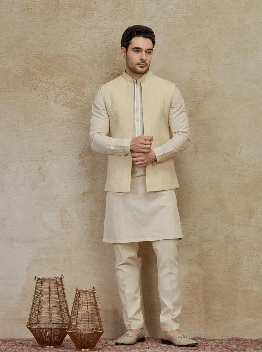 Beige Embroidered Kurta Pajama with Koti | TULA