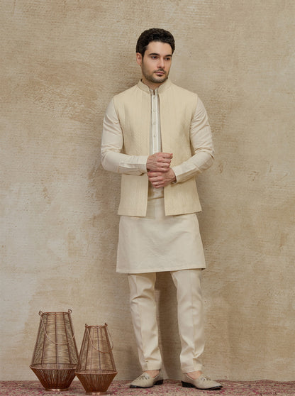 Beige Embroidered Kurta Pajama with Koti | TULA