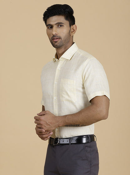 Light Yellow Checked Regular Fit Formal Shirt | JadeBlue