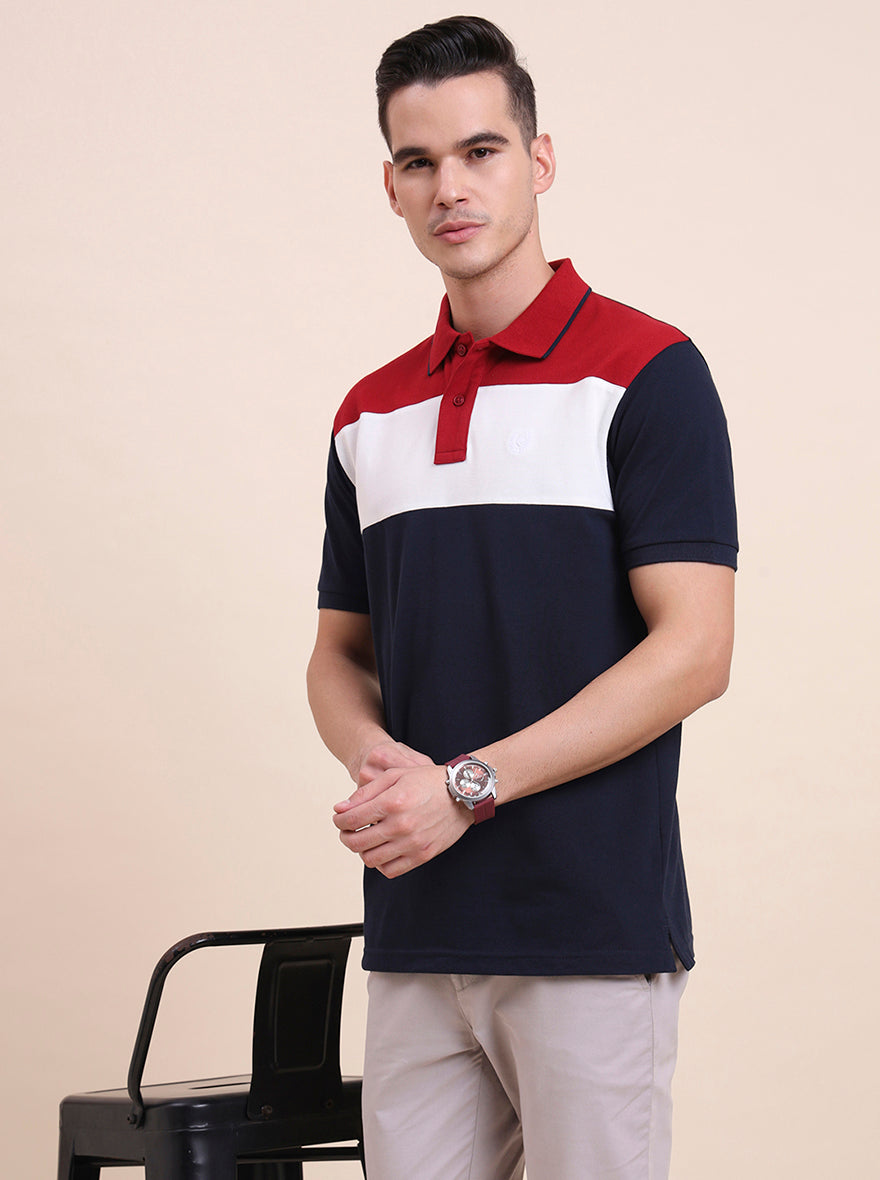 Blue & White Striped Slim Fit Polo T-Shirt | Greenfibre