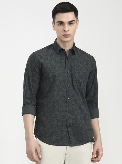 Olive Green Printed Tailored Fit Semi Casual Shirt | JadeBlue
