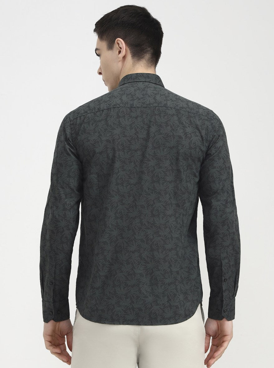 Olive Green Printed Tailored Fit Semi Casual Shirt | JadeBlue