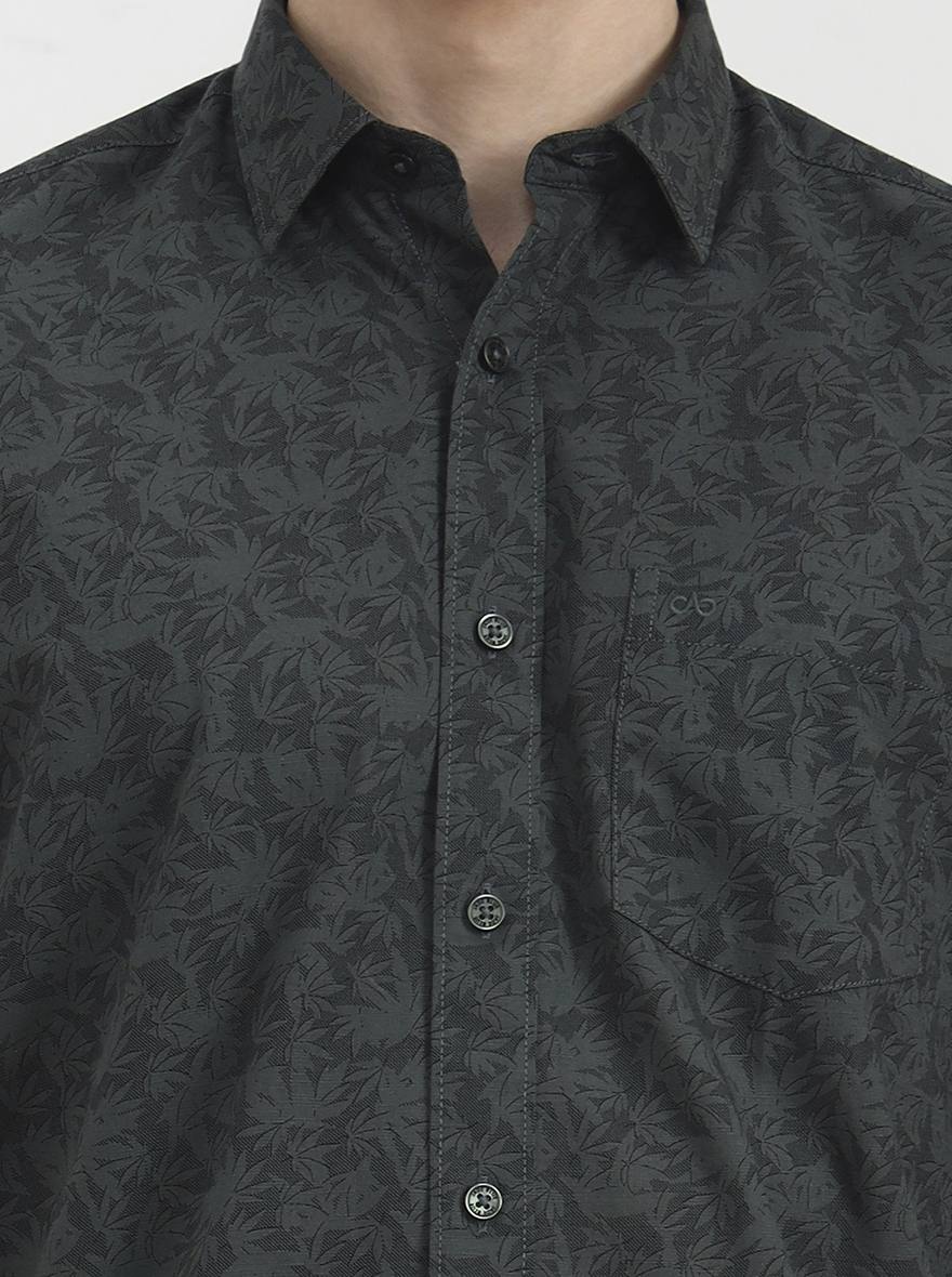 Olive Green Printed Tailored Fit Semi Casual Shirt | JadeBlue