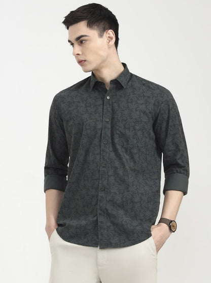 Olive Green Printed Tailored Fit Semi Casual Shirt | JadeBlue