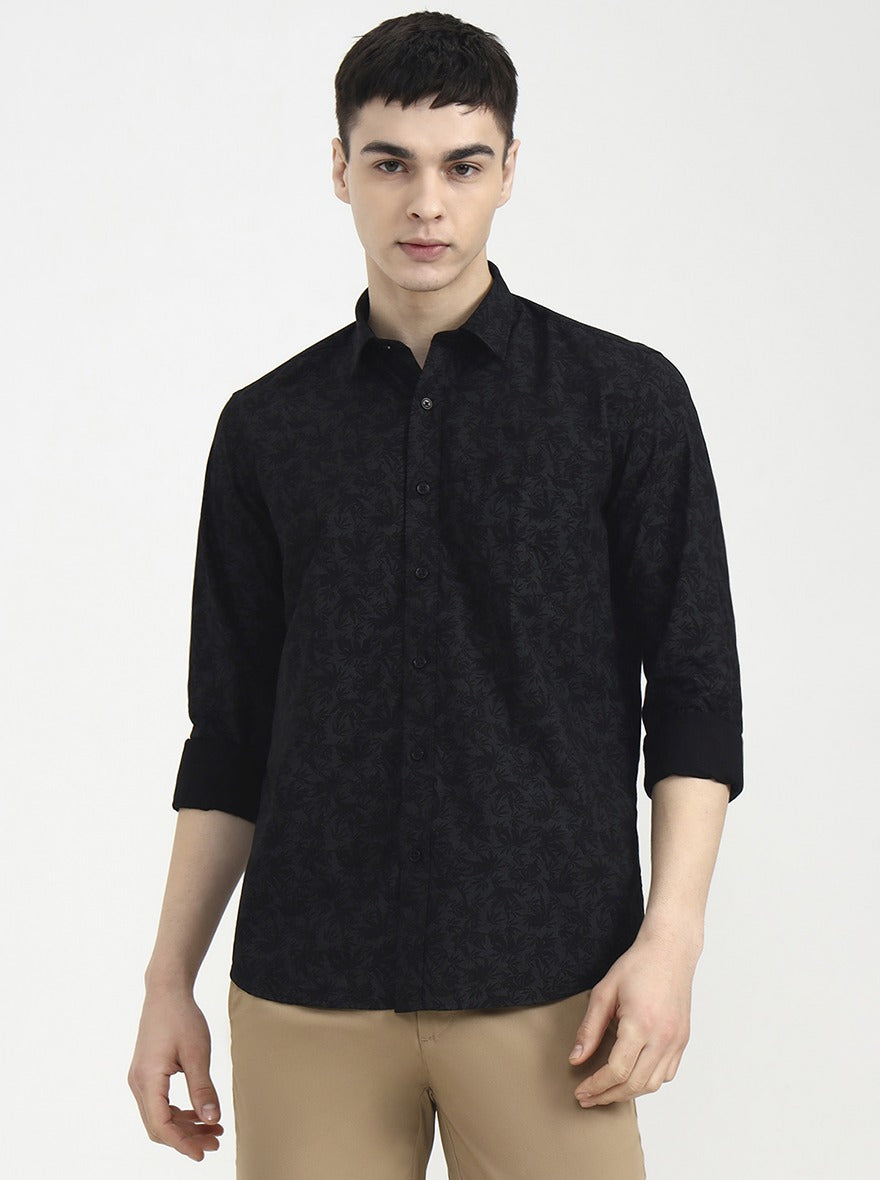 Black Printed Tailored Fit Semi Casual Shirt | JadeBlue