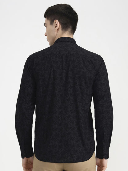 Black Printed Tailored Fit Semi Casual Shirt | JadeBlue