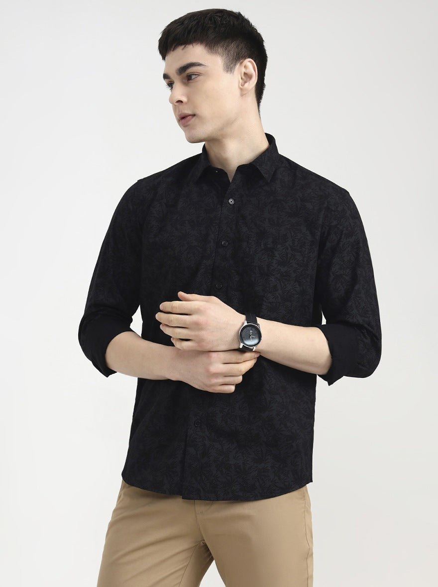 Black Printed Tailored Fit Semi Casual Shirt | JadeBlue
