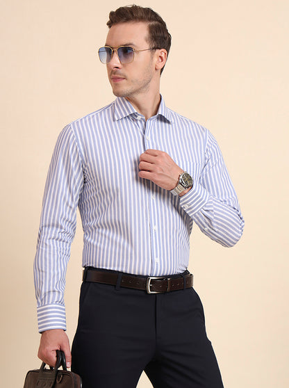 Blue & White Printed Slim Fit Formal Shirt | JadeBlue Super Luxe
