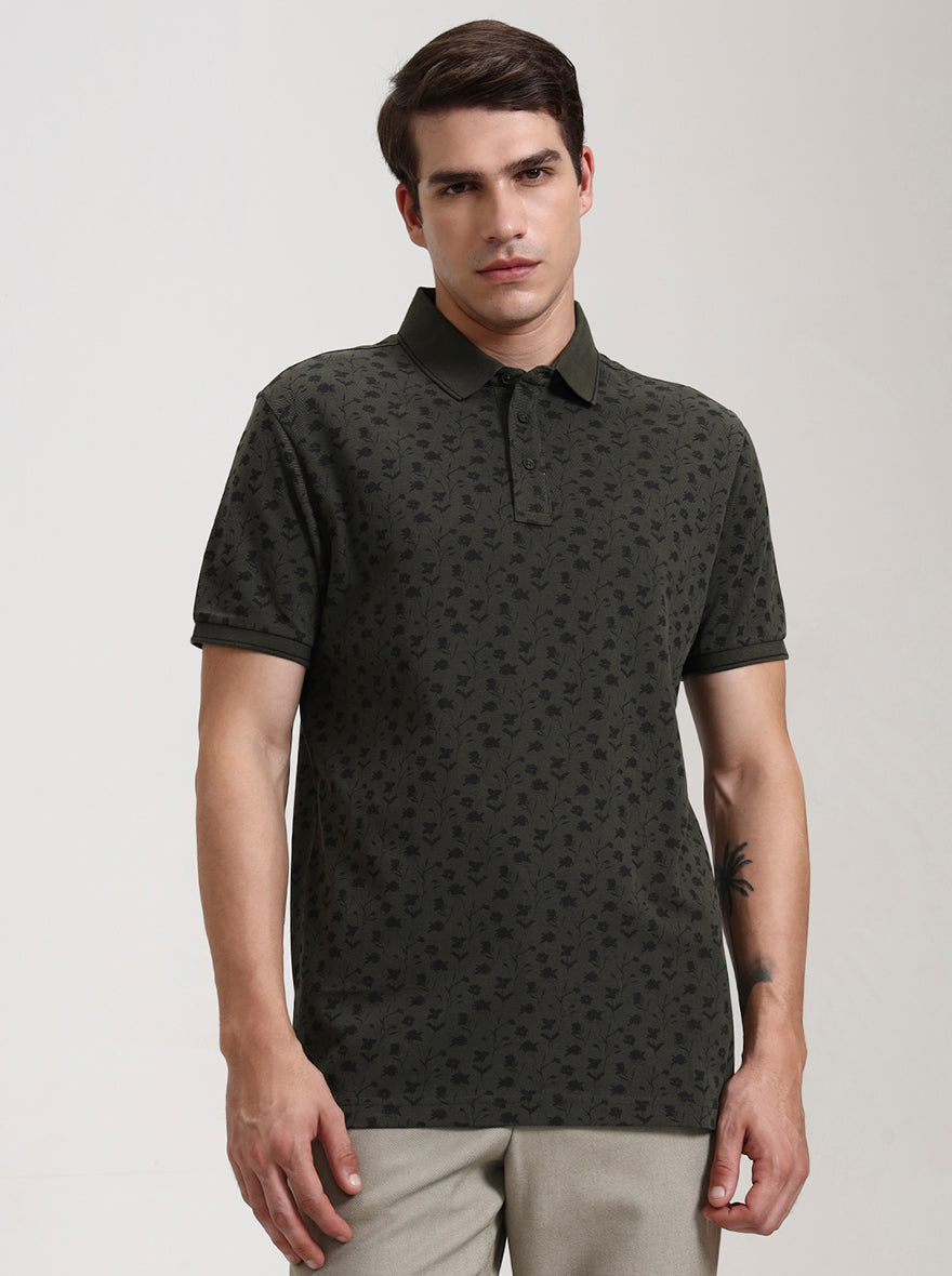 Olive Green Printed Slim Fit Polo T-Shirt | JadeBlue