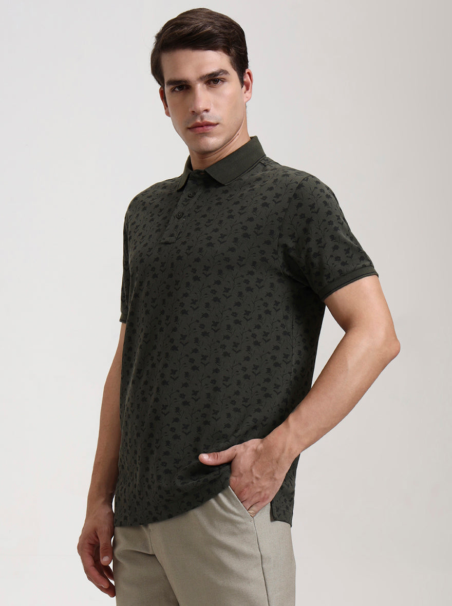 Olive Green Printed Slim Fit Polo T-Shirt | JadeBlue