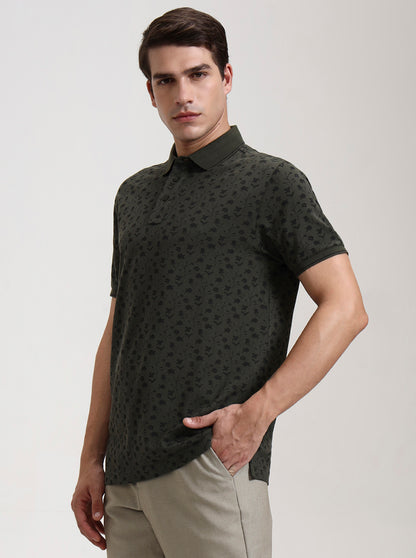 Olive Green Printed Slim Fit Polo T-Shirt | JadeBlue