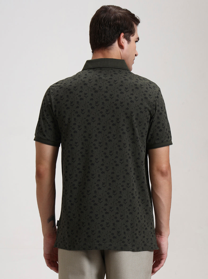Olive Green Printed Slim Fit Polo T-Shirt | JadeBlue