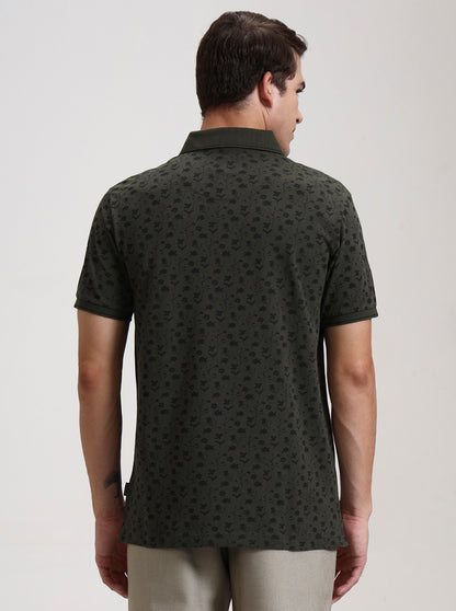 Olive Green Printed Slim Fit Polo T-Shirt | JadeBlue