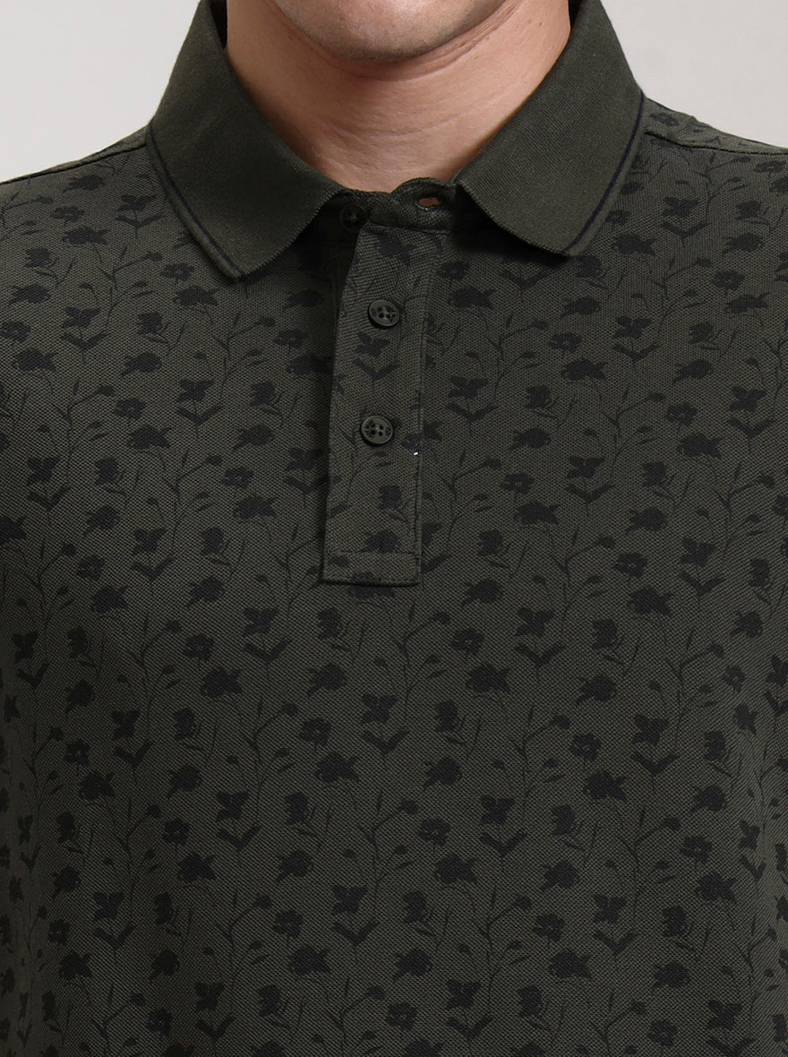 Olive Green Printed Slim Fit Polo T-Shirt | JadeBlue