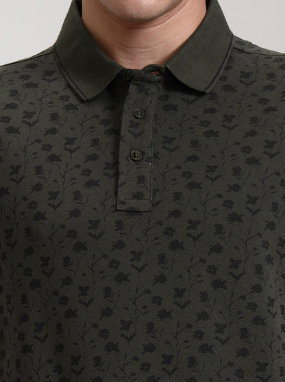 Olive Green Printed Slim Fit Polo T-Shirt | JadeBlue
