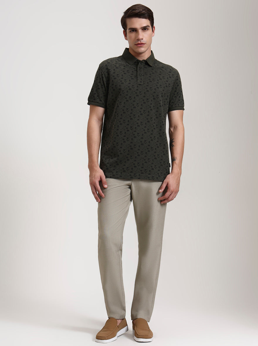 Olive Green Printed Slim Fit Polo T-Shirt | JadeBlue